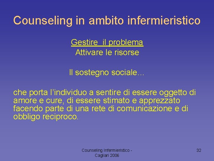 Counseling in ambito infermieristico Gestire il problema Attivare le risorse Il sostegno sociale… che