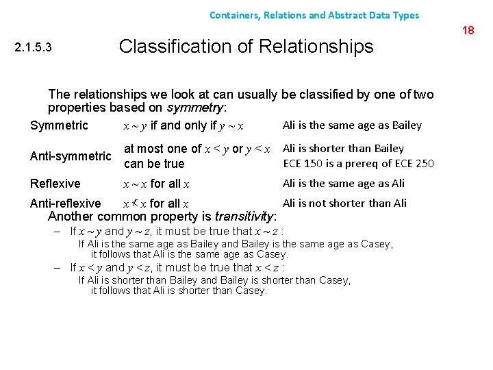 Containers, Relations and Abstract Data Types Classification of Relationships 2. 1. 5. 3 The