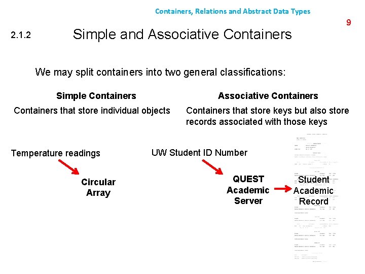 Containers, Relations and Abstract Data Types 2. 1. 2 9 Simple and Associative Containers