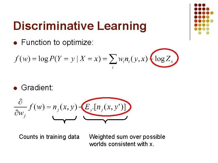 Discriminative Learning l Function to optimize: l Gradient: Counts in training data Weighted sum