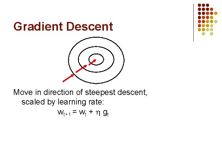 Gradient Descent Move in direction of steepest descent, scaled by learning rate: wt+1 =