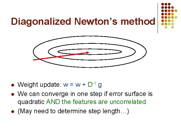 Diagonalized Newton’s method l l l Weight update: w = w + D-1 g