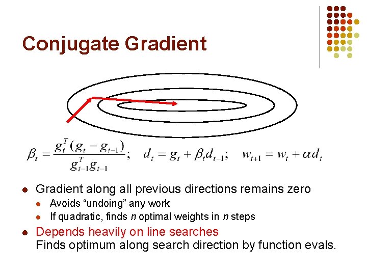 Conjugate Gradient l Gradient along all previous directions remains zero l l l Avoids