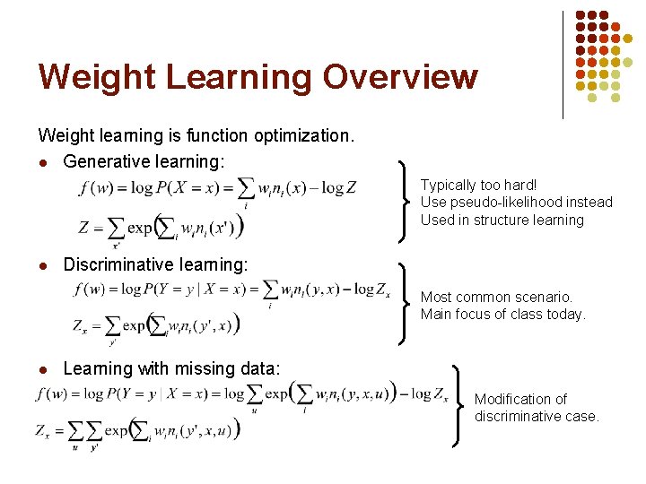 Weight Learning Overview Weight learning is function optimization. l Generative learning: Typically too hard!