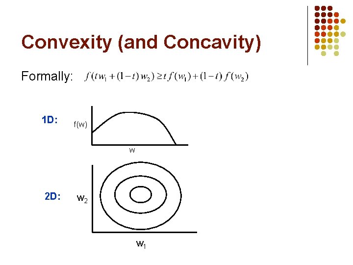 Convexity (and Concavity) Formally: 1 D: f(w) w 2 D: w 2 w 1