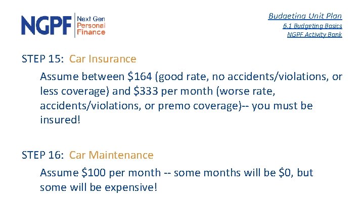 Budgeting Unit Plan 6. 1 Budgeting Basics NGPF Activity Bank STEP 15: Car Insurance