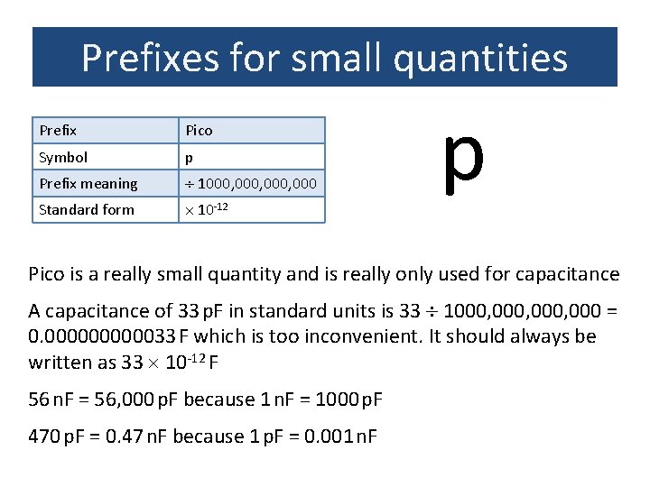 Prefixes for small quantities Prefix Pico Symbol p Prefix meaning 1000, 000 Standard form