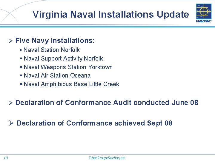 Virginia Naval Installations Update Ø Five Navy Installations: § Naval Station Norfolk § Naval