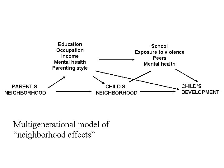 Education Occupation Income Mental health Parenting style PARENT’S NEIGHBORHOOD School Exposure to violence Peers