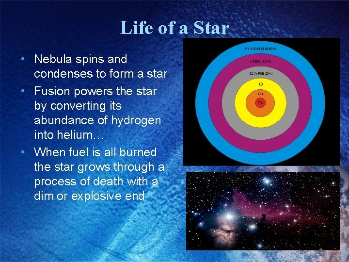 Life of a Star • Nebula spins and condenses to form a star •