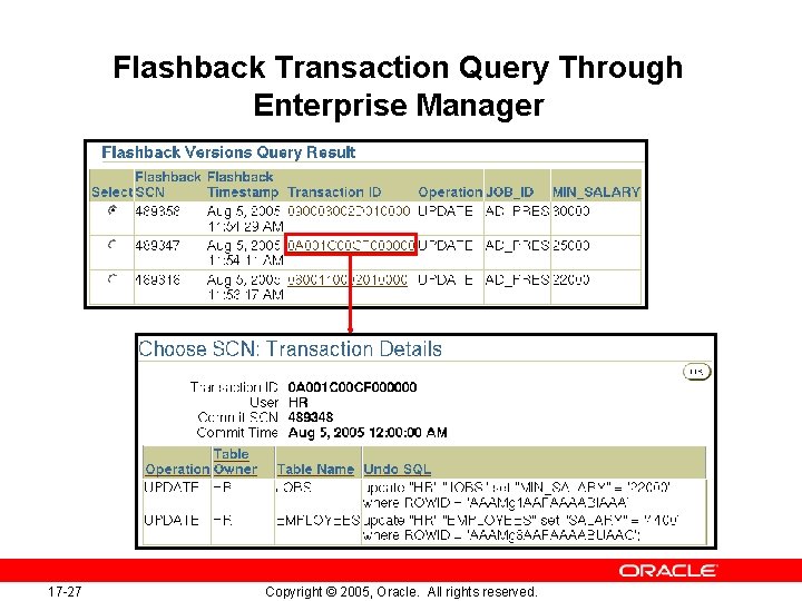Flashback Transaction Query Through Enterprise Manager 17 -27 Copyright © 2005, Oracle. All rights