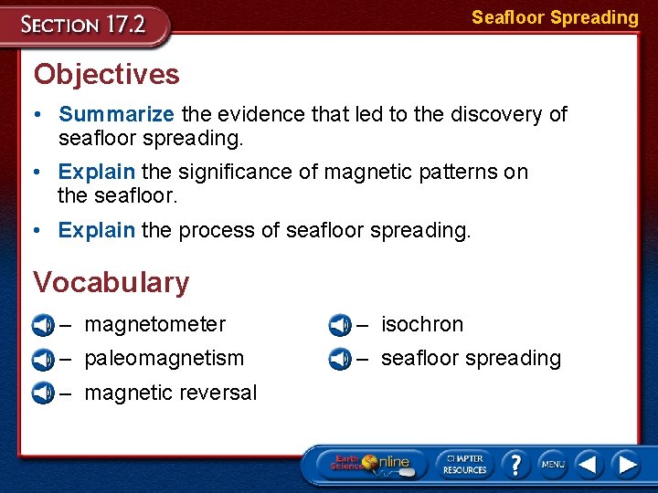 Seafloor Spreading Objectives • Summarize the evidence that led to the discovery of seafloor