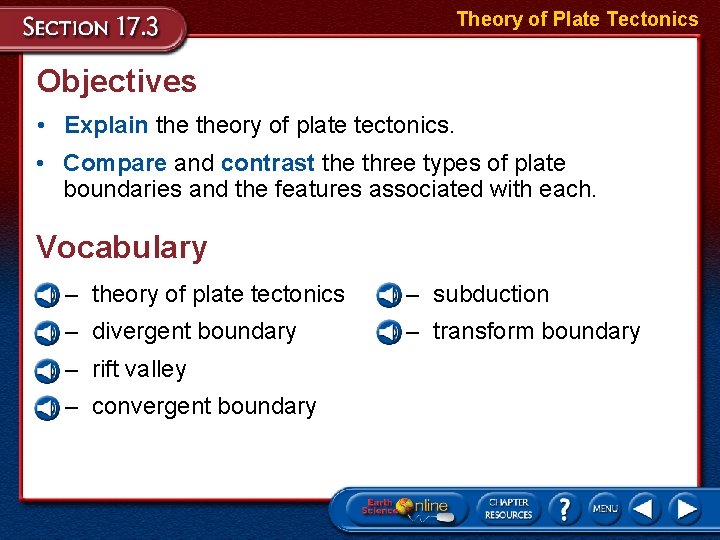 Theory of Plate Tectonics Objectives • Explain theory of plate tectonics. • Compare and