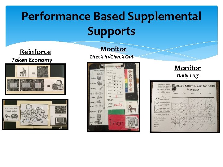 Performance Based Supplemental Supports Reinforce Token Economy Monitor Check In/Check Out Monitor Daily Log