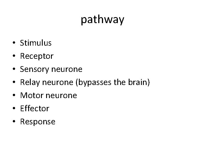 pathway • • Stimulus Receptor Sensory neurone Relay neurone (bypasses the brain) Motor neurone