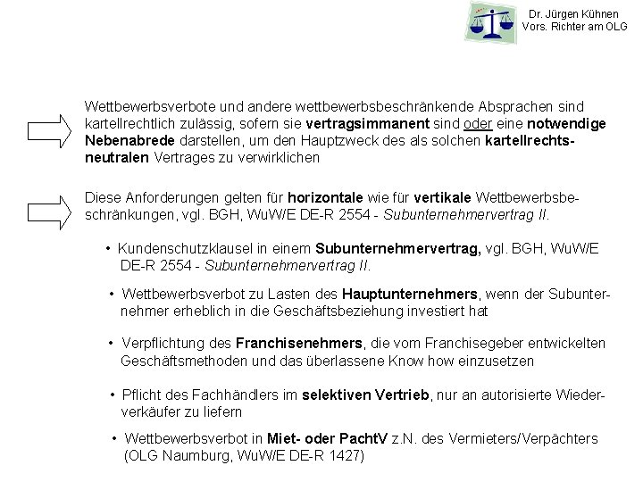 Dr. Jürgen Kühnen Vors. Richter am OLG Wettbewerbsverbote und andere wettbewerbsbeschränkende Absprachen sind kartellrechtlich