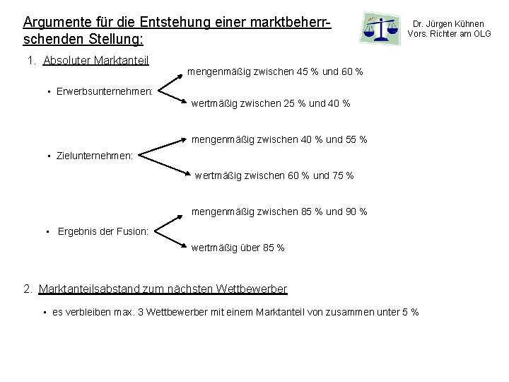 Argumente für die Entstehung einer marktbeherrschenden Stellung: 1. Absoluter Marktanteil Dr. Jürgen Kühnen Vors.