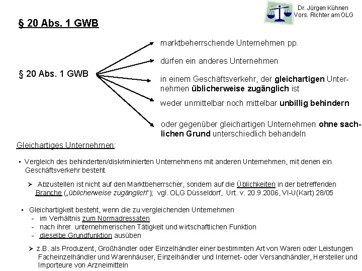 Dr. Jürgen Kühnen Vors. Richter am OLG § 20 Abs. 1 GWB marktbeherrschende Unternehmen