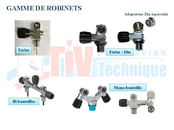 GAMME DE ROBINETS Adaptateur Din (opercule) Etrier / Din Mono bouteille Bi bouteilles 