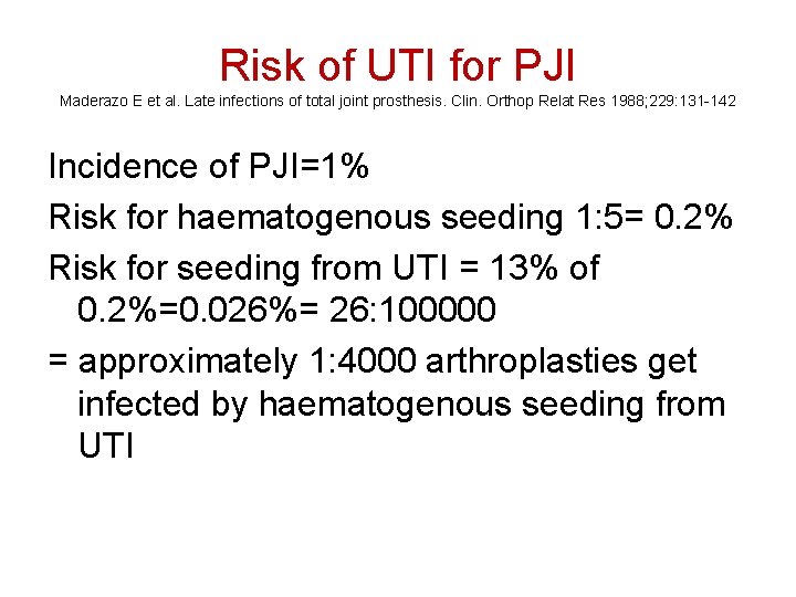 Risk of UTI for PJI Maderazo E et al. Late infections of total joint