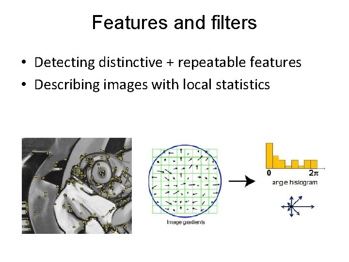 Features and filters • Detecting distinctive + repeatable features • Describing images with local