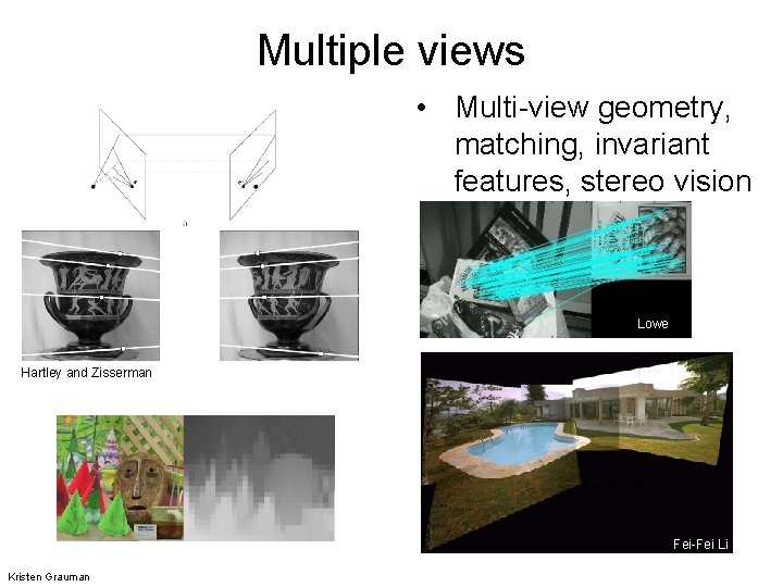 Multiple views • Multi-view geometry, matching, invariant features, stereo vision Lowe Hartley and Zisserman