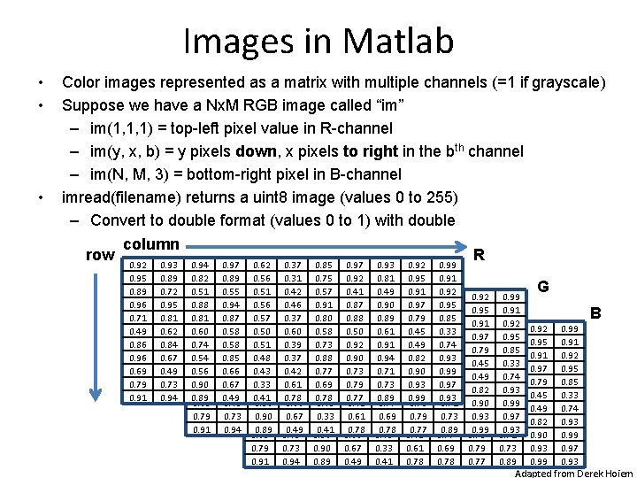 Images in Matlab • • • Color images represented as a matrix with multiple