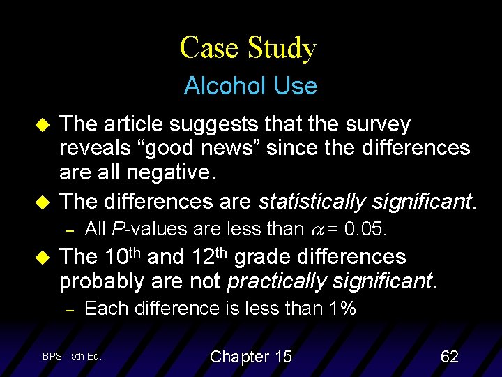 Case Study Alcohol Use u u The article suggests that the survey reveals “good