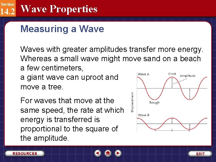 Section 14. 2 Wave Properties Measuring a Waves with greater amplitudes transfer more energy.