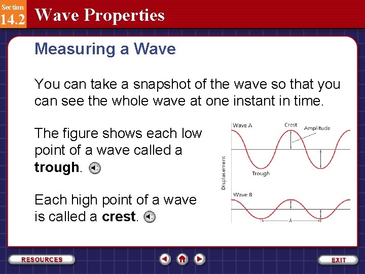 Section 14. 2 Wave Properties Measuring a Wave You can take a snapshot of