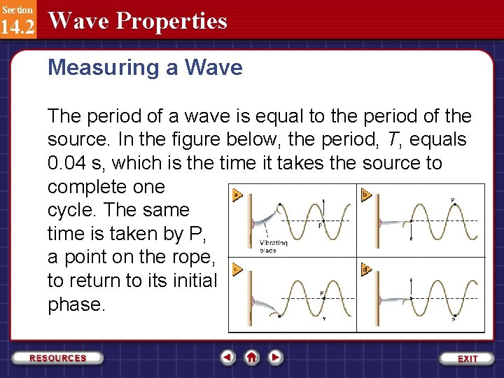 Section 14. 2 Wave Properties Measuring a Wave The period of a wave is