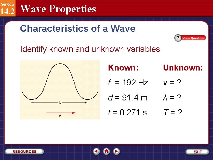 Section 14. 2 Wave Properties Characteristics of a Wave Identify known and unknown variables.
