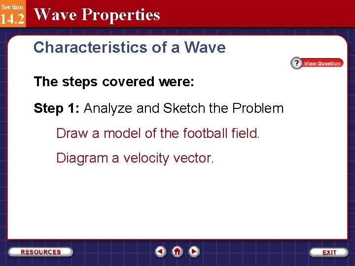 Section 14. 2 Wave Properties Characteristics of a Wave The steps covered were: Step