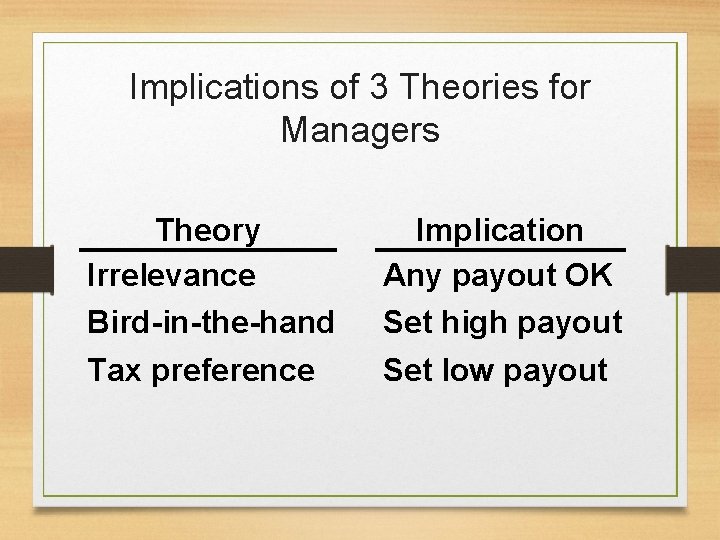 Implications of 3 Theories for Managers Theory Irrelevance Bird-in-the-hand Implication Any payout OK Set