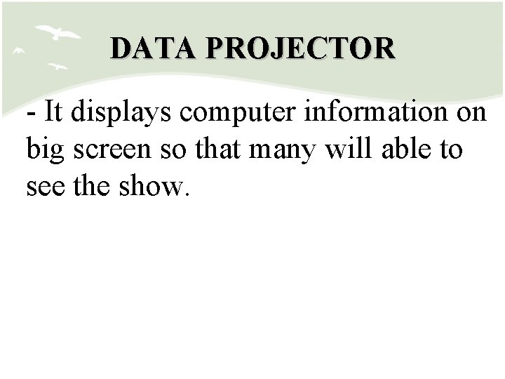 DATA PROJECTOR - It displays computer information on big screen so that many will