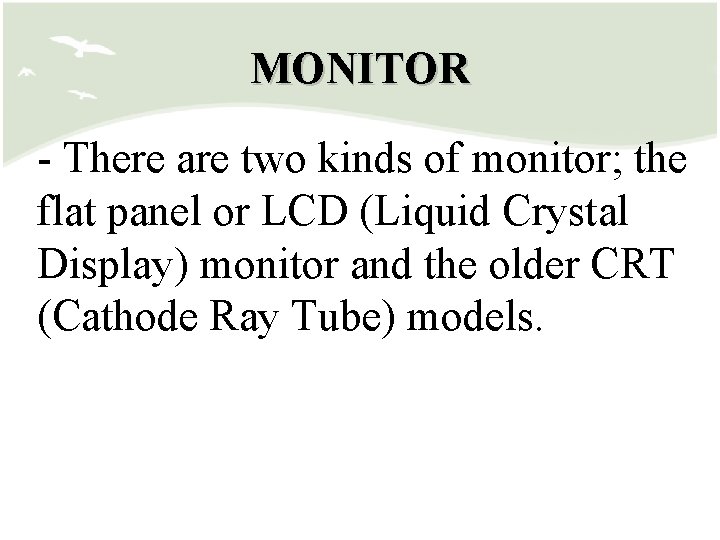 MONITOR - There are two kinds of monitor; the flat panel or LCD (Liquid