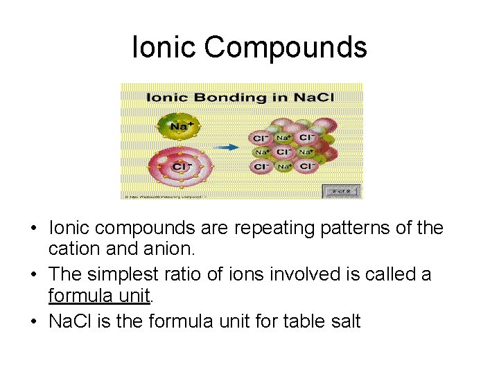 Ionic Compounds • Ionic compounds are repeating patterns of the cation and anion. •