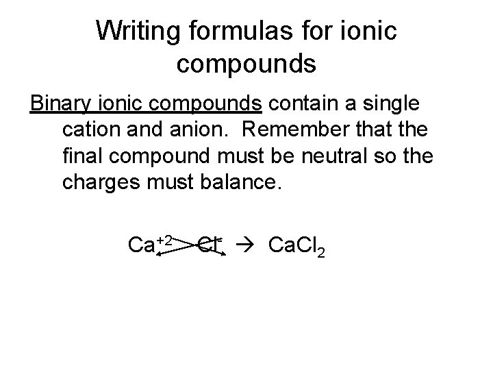 Writing formulas for ionic compounds Binary ionic compounds contain a single cation and anion.