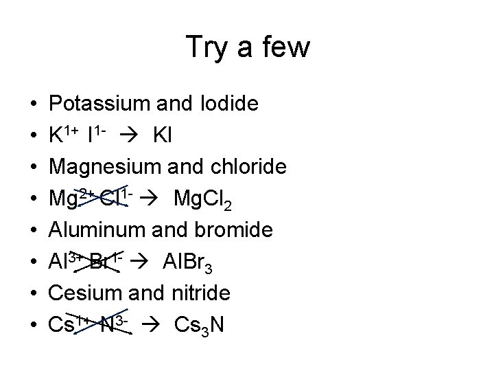 Try a few • • Potassium and Iodide K 1+ I 1 - KI