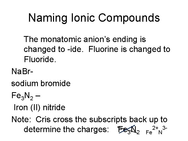 Naming Ionic Compounds The monatomic anion’s ending is changed to -ide. Fluorine is changed