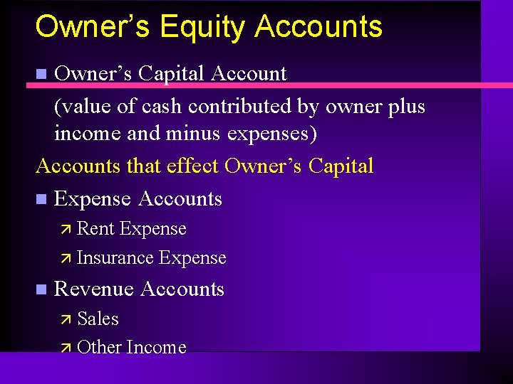Owner’s Equity Accounts Owner’s Capital Account (value of cash contributed by owner plus income