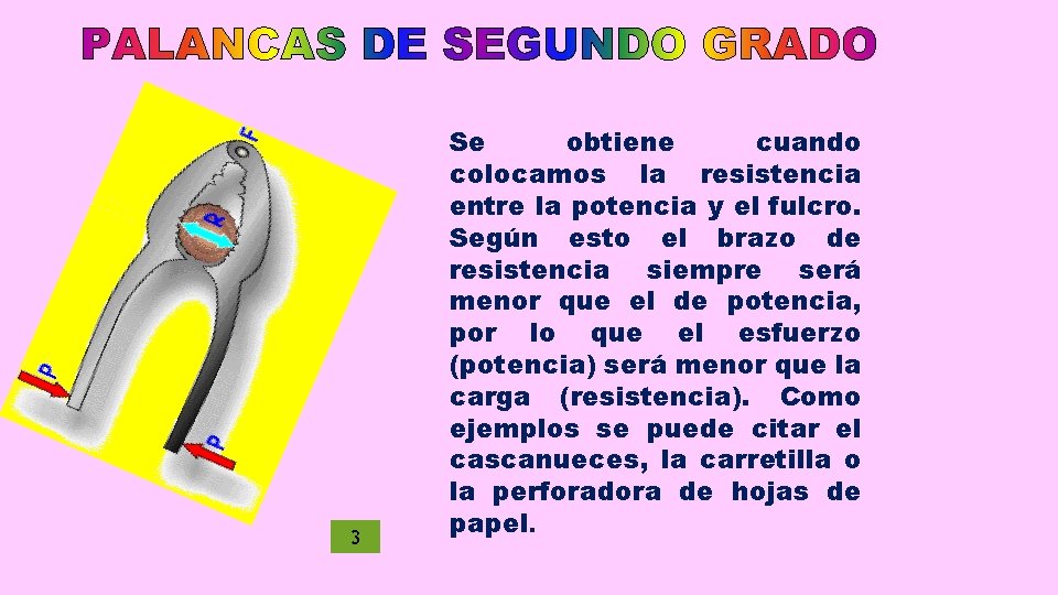 3 Se obtiene cuando colocamos la resistencia entre la potencia y el fulcro. Según