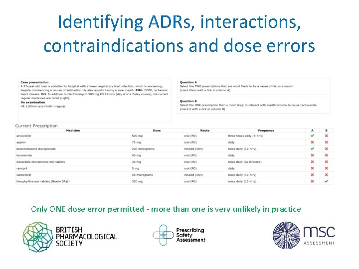 Identifying ADRs, interactions, contraindications and dose errors Only ONE dose error permitted - more