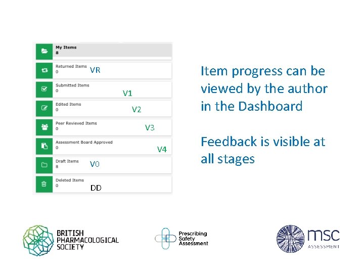 Item progress can be viewed by the author in the Dashboard VR V 1