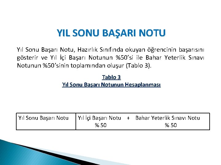 YIL SONU BAŞARI NOTU Yıl Sonu Başarı Notu, Hazırlık Sınıfında okuyan öğrencinin başarısını gösterir