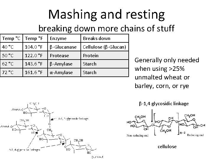Mashing and resting breaking down more chains of stuff Temp °C Temp °F Enzyme