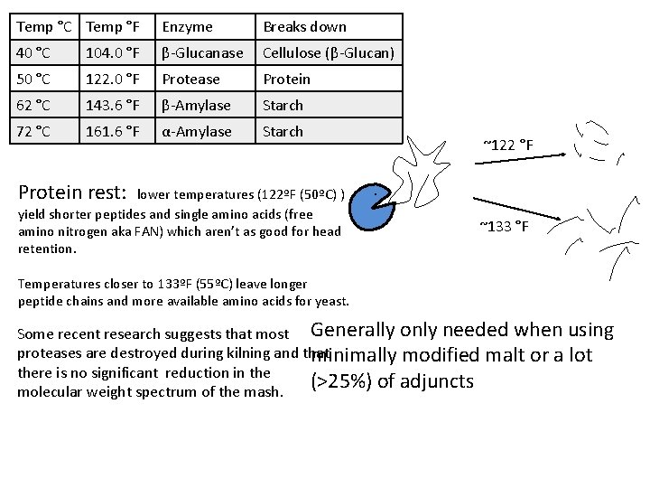 Temp °C Temp °F Enzyme Breaks down 40 °C 104. 0 °F β-Glucanase Cellulose