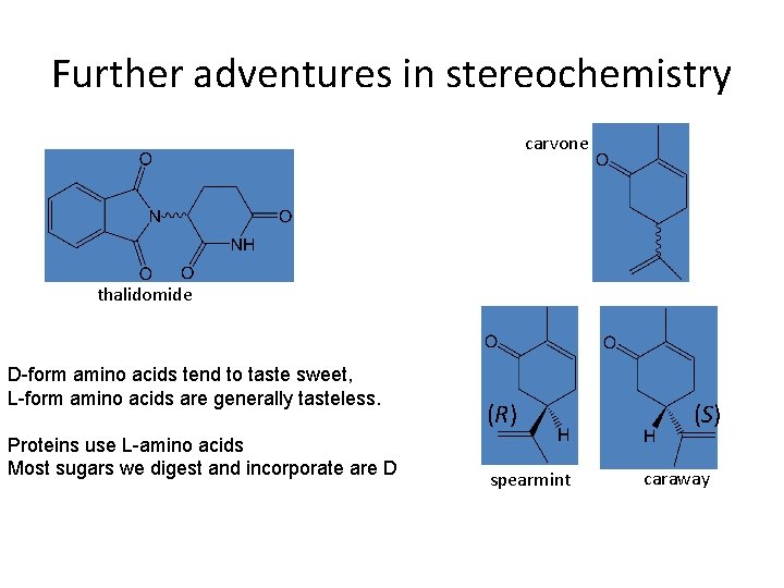 Further adventures in stereochemistry carvone thalidomide D-form amino acids tend to taste sweet, L-form