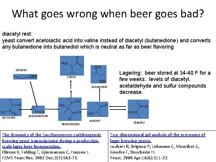 What goes wrong when beer goes bad? diacetyl rest: yeast convert acetolactic acid into