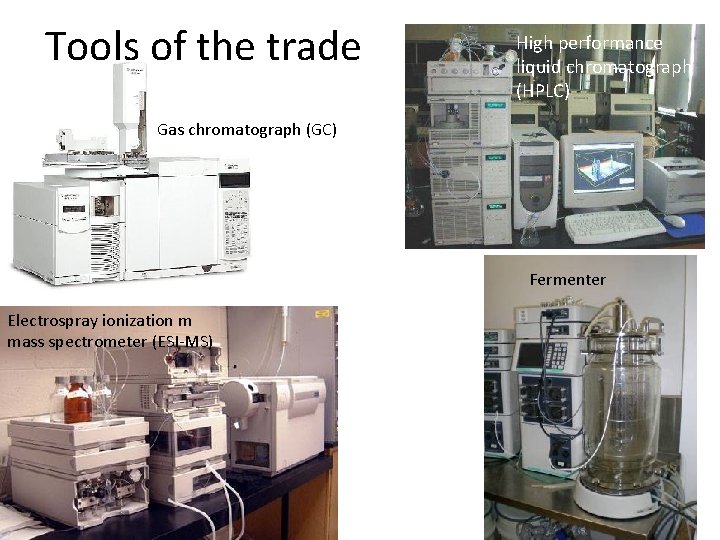 Tools of the trade High performance liquid chromatograph (HPLC) Gas chromatograph (GC) Fermenter Electrospray